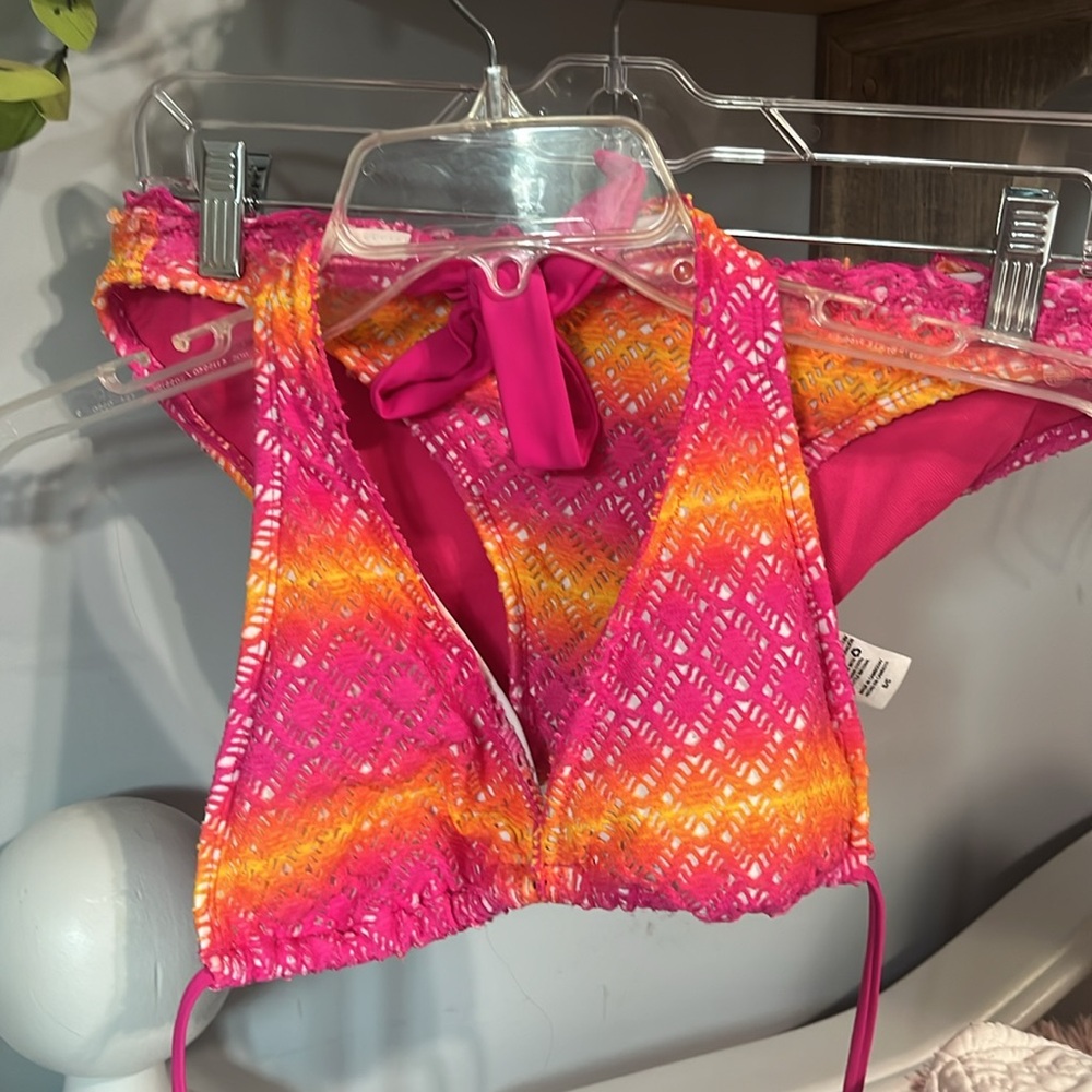 Pink Orange Yellow Crochet Lace Bikini Top S Bottoms M Set
